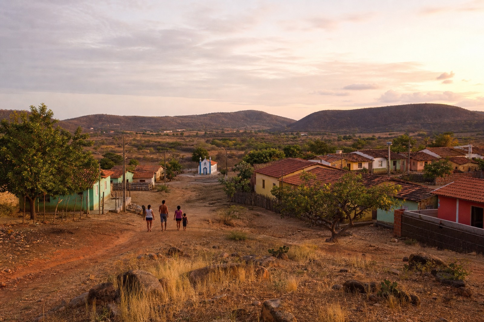 Paisagem rural do Agreste pernambucano, com casas, caminho de terra e morros ao fundo.